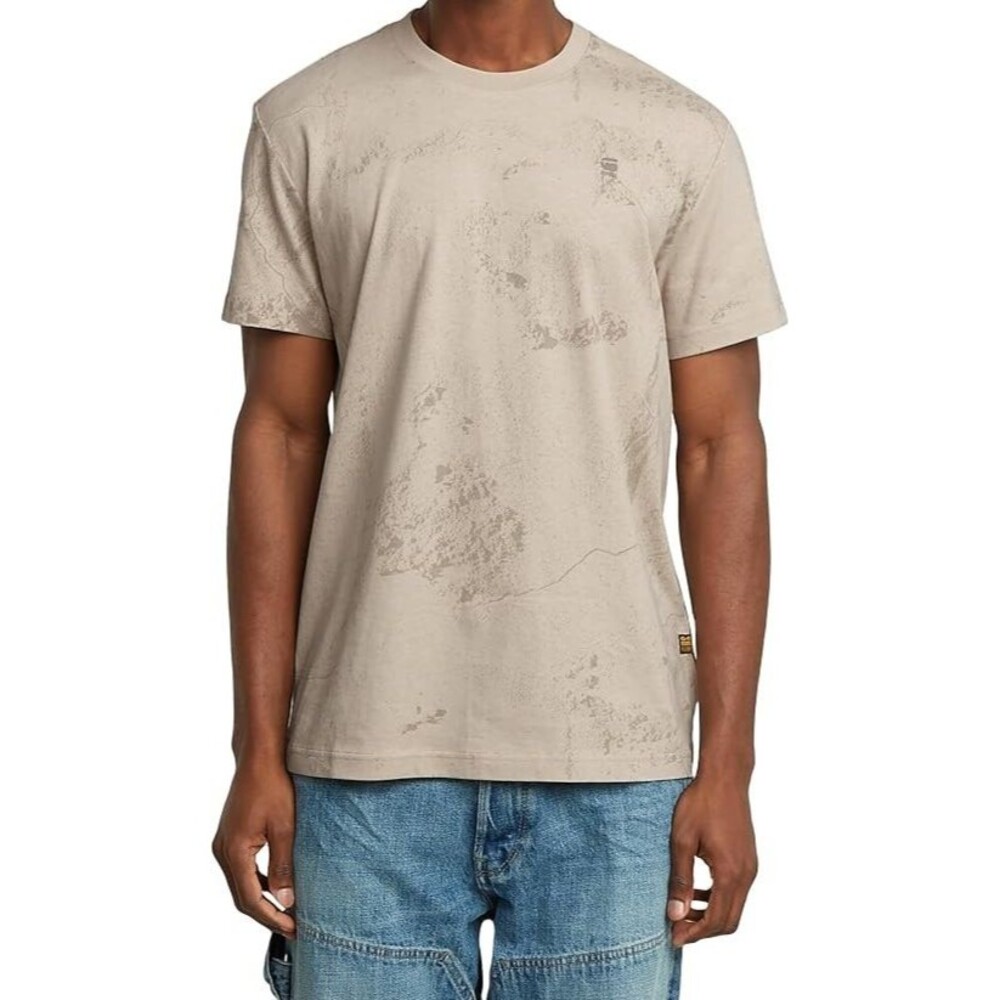 G STAR RAW Shirt Mens Medium Tan Pullover Crew Wash Allover Cotton T-Shirt